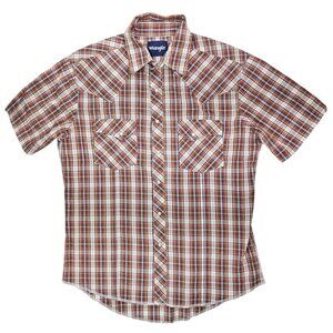 Vintage Wrangler Pearl Snap Western Plaid Short Sleeve Shirt Men Medium Brown